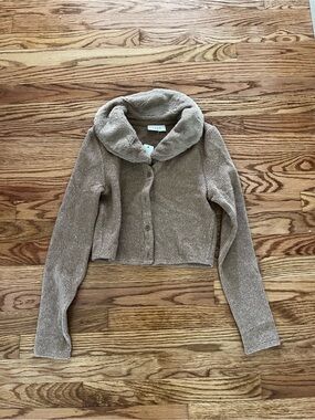 Sage Faux Fur Collar Knit Cardigan in Taupe